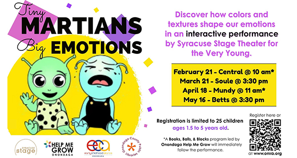 Tiny Martians,  Big Emotions Saturday, March 21st 3:00 PM Soule Branch