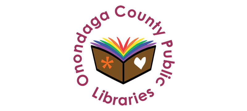 OCPL pride logo - a book displays the rainbow colors as pages in the book