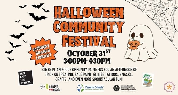 community Halloween festival at Mundy branch - ghost and pumpkin with bats flying