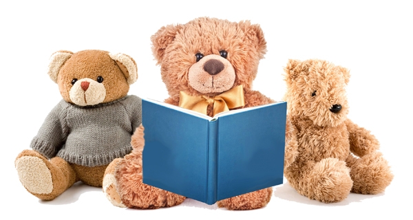 One stuffed animal bear reads a story to two smaller bears. 