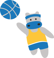 A gray hippo in blue shorts and a yellow tank top jumps to throw a blue basketball