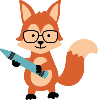 A orange fox wearing glasses holds a blue crayon. 