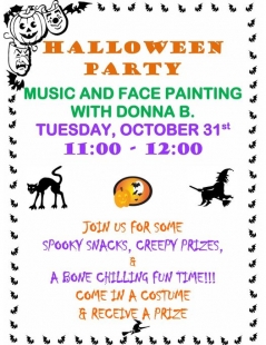 Halloween Party at East Syracuse Free Library on October 31, from 11 a,m to 12 pm